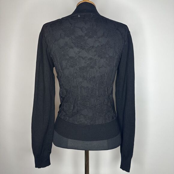 Black Sweater Sheer Lace Back Cardigan Flower Appliqué Sz S Gothic Layering - Picture 2 of 9